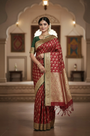 Royal Teal Elegance Red Banaras Silk Saree