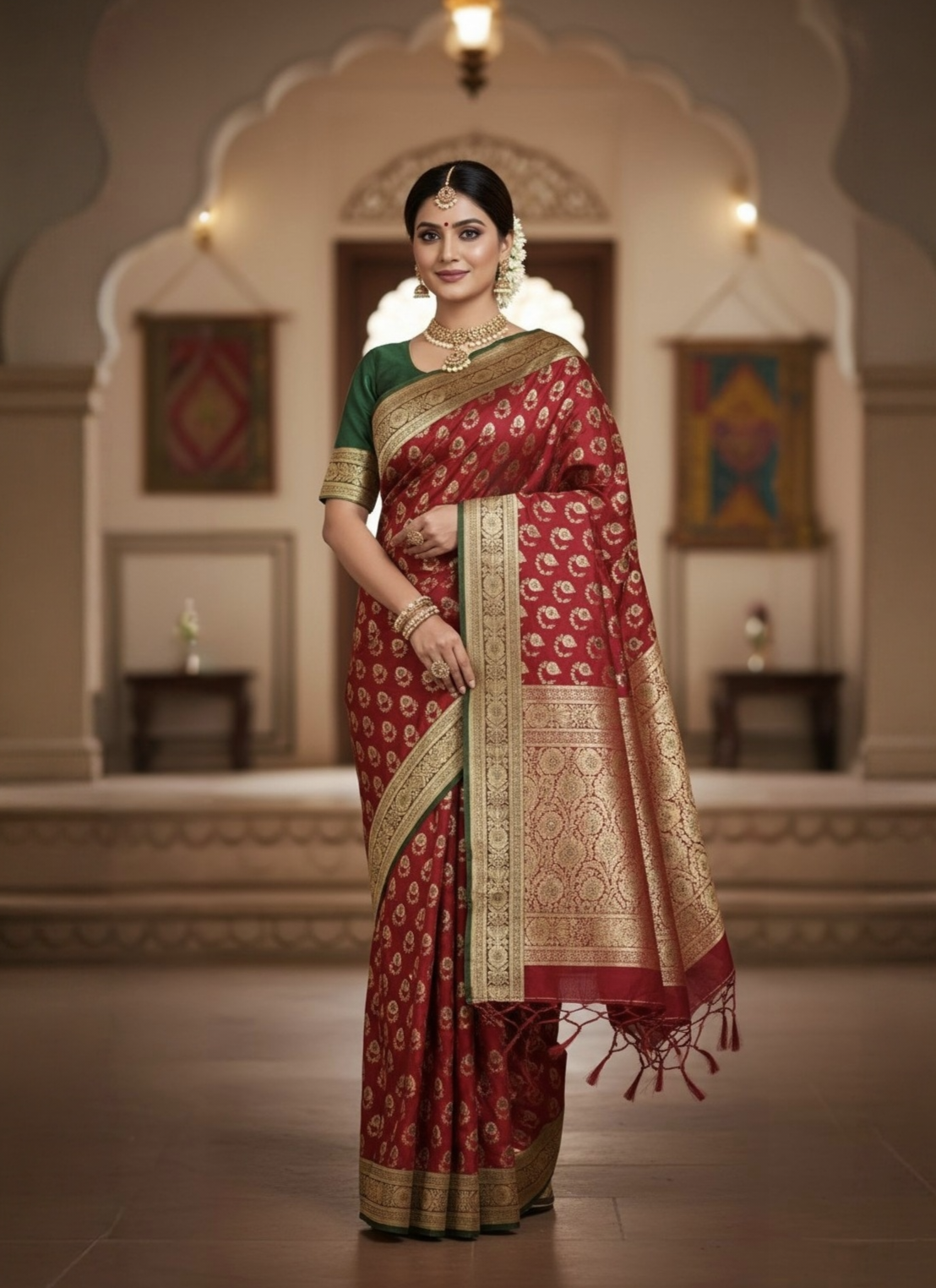 Royal Teal Elegance Red Banaras Silk Saree